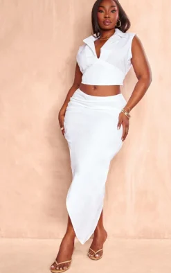 Plus White Ruched Side Split Leg Midaxi Skirt