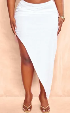 Plus White Ruched Side Split Leg Midaxi Skirt