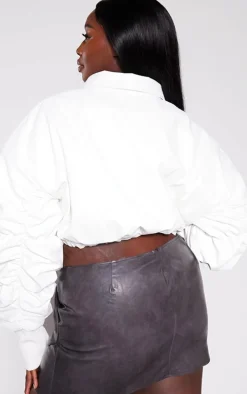 Plus White Ruched Sleeve Cropped Faux Leather Bomber Jacket
