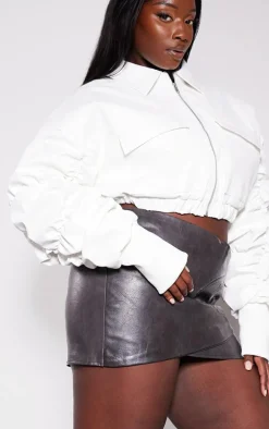 Plus White Ruched Sleeve Cropped Faux Leather Bomber Jacket