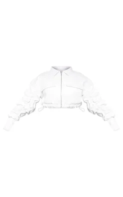 Plus White Ruched Sleeve Cropped Faux Leather Bomber Jacket