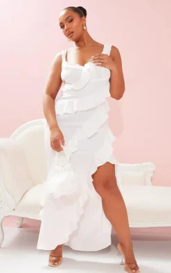 Plus White Satin Frill Layered Maxi Dress