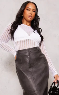 Plus White Sheer Knit Long Sleeve Top