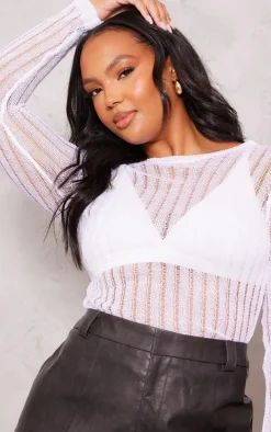 Plus White Sheer Knit Long Sleeve Top