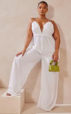 Plus White Strappy Cross Back Detail Wide Leg Jumpsuit