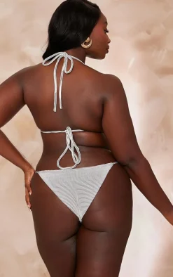 Plus White Textured Bikini Tie Bottoms