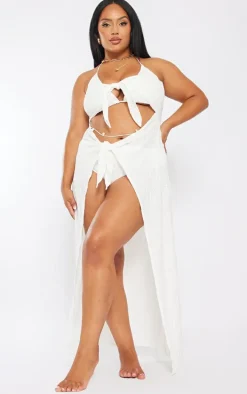 Plus White Textured Tie Front Mid Beach Dress