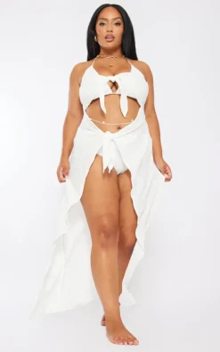 Plus White Textured Tie Front Mid Beach Dress