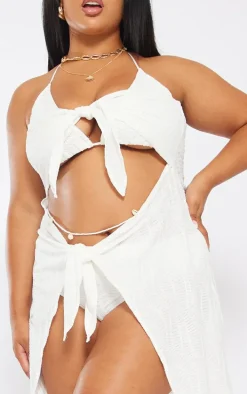 Plus White Textured Tie Front Mid Beach Dress