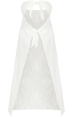 Plus White Textured Tie Front Mid Beach Dress