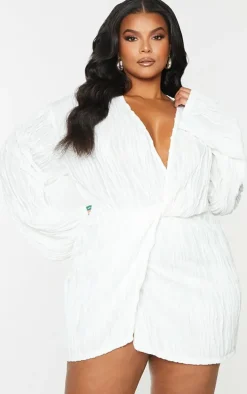 Plus White Textured Wrap Front Dress