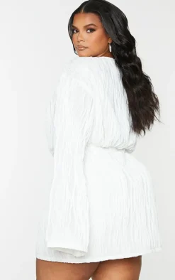Plus White Textured Wrap Front Dress