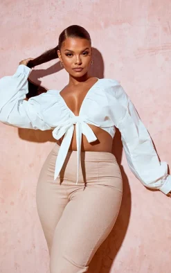 Plus White Tie Front Ruched Blouse