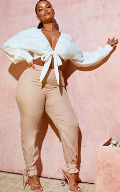 Plus White Tie Front Ruched Blouse