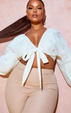 Plus White Tie Front Ruched Blouse