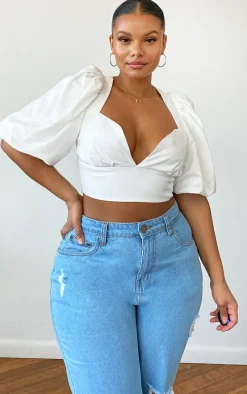 Plus White Woven Puff Sleeve Structured Crop Top