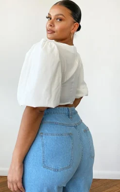 Plus White Woven Puff Sleeve Structured Crop Top