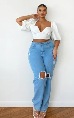 Plus White Woven Puff Sleeve Structured Crop Top