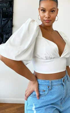 Plus White Woven Puff Sleeve Structured Crop Top