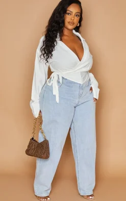 Plus White Wrap Front Shirt Long Sleeve Crop Top