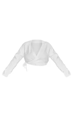 Plus White Wrap Front Shirt Long Sleeve Crop Top