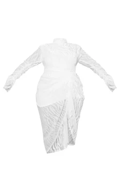 Plus White Zebra Devore High Neck Draped Midi Dress