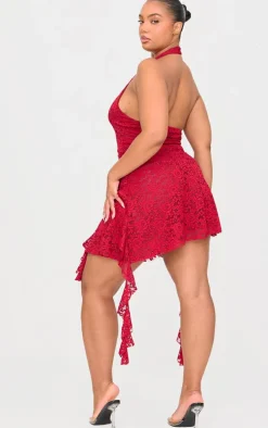 Plus Wine Halterneck Lace Drape Detail Mini Dress
