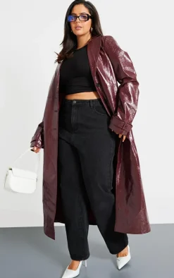 Plus Wine High Shine Textured Faux Leather Maxi Coat