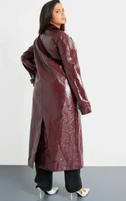 Plus Wine High Shine Textured Faux Leather Maxi Coat