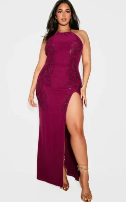 Plus Wine Lined Mesh Diamante Detail Split Maxi Dress