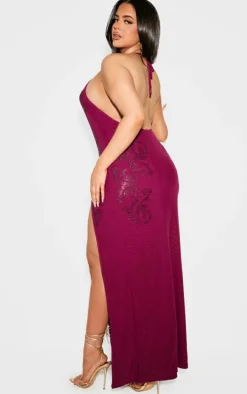 Plus Wine Lined Mesh Diamante Detail Split Maxi Dress