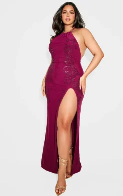 Plus Wine Lined Mesh Diamante Detail Split Maxi Dress