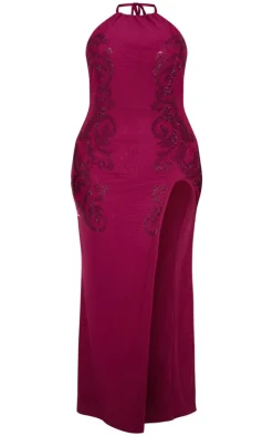 Plus Wine Lined Mesh Diamante Detail Split Maxi Dress
