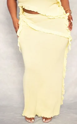 Plus Yellow Rib Knit Frill Detail Maxi Skirt