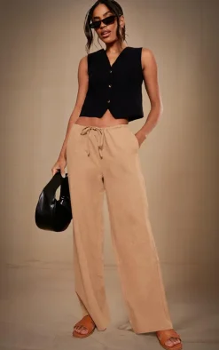 Premium Beige Linen Drawstring Straight Leg Pants