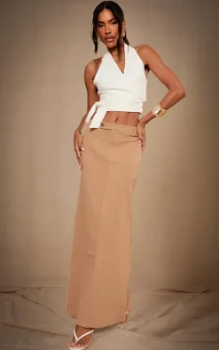 Premium Beige Linen Split Back Detail Maxi Skirt