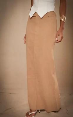 Premium Beige Linen Split Back Detail Maxi Skirt