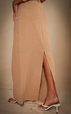 Premium Beige Linen Split Back Detail Maxi Skirt