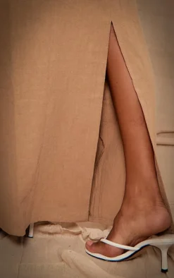 Premium Beige Linen Split Back Detail Maxi Skirt