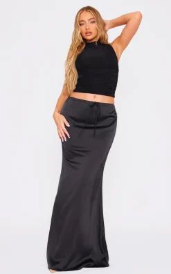 Premium Black Satin Low Rise Drawstring Waist Maxi Skirt