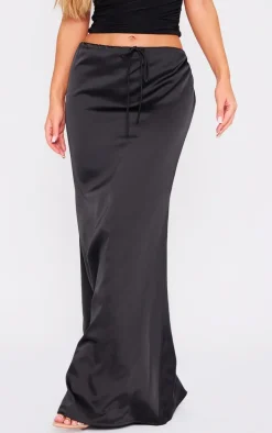 Premium Black Satin Low Rise Drawstring Waist Maxi Skirt
