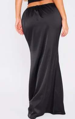 Premium Black Satin Low Rise Drawstring Waist Maxi Skirt