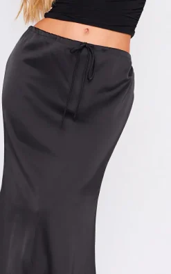 Premium Black Satin Low Rise Drawstring Waist Maxi Skirt