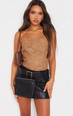 Premium Black Washed Faux Leather Belt Zip Mini Skirt
