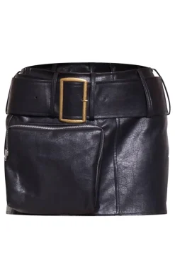 Premium Black Washed Faux Leather Belt Zip Mini Skirt