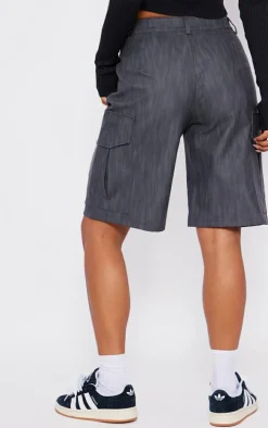 Premium Black Washed Faux Leather Long Cargo Shorts