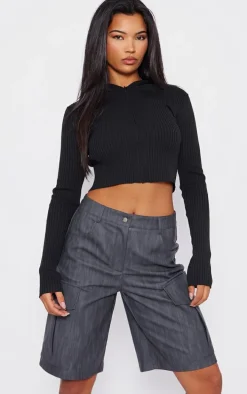 Premium Black Washed Faux Leather Long Cargo Shorts