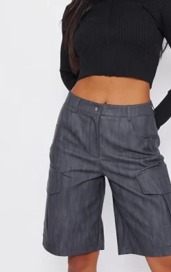 Premium Black Washed Faux Leather Long Cargo Shorts