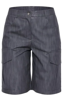 Premium Black Washed Faux Leather Long Cargo Shorts