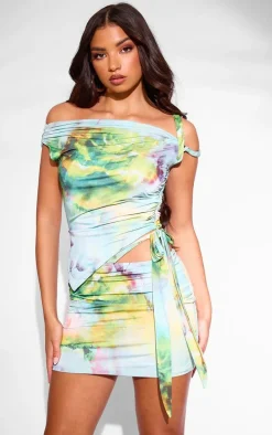 Premium Blue Floral Print Double Layer Asymmetrical Top